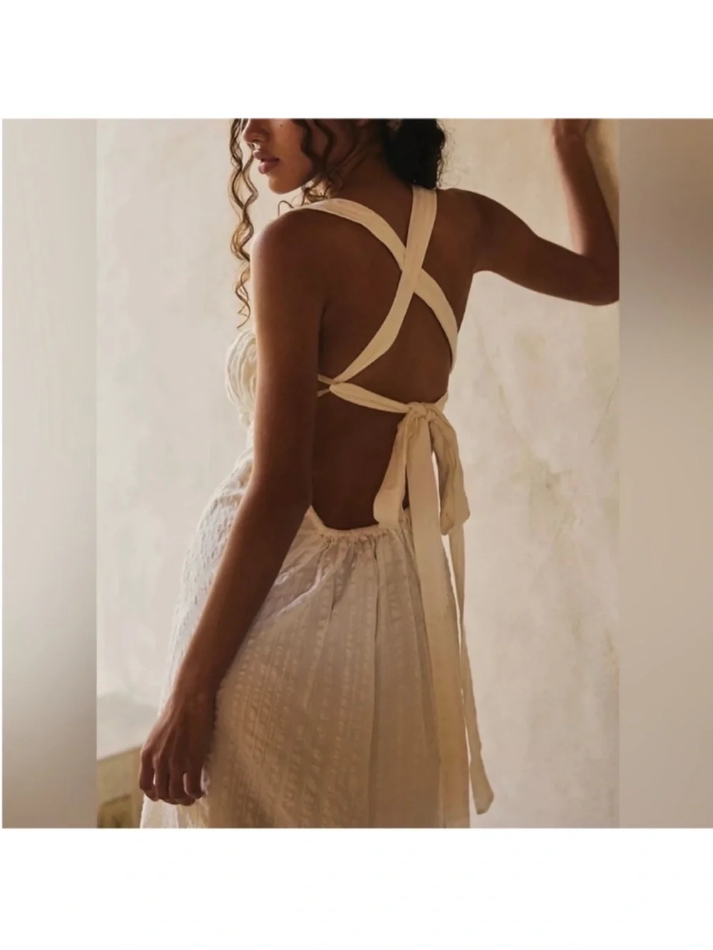 Free People est Small White Ivory Midi Cotton Dress Seersucker